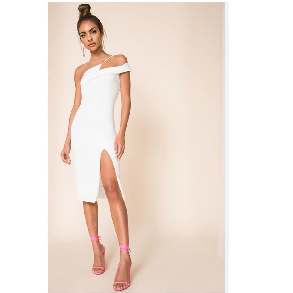 Revolve Superdown Jillian White Asymmetric Cutout Midi Dress XS Minimalist Chic